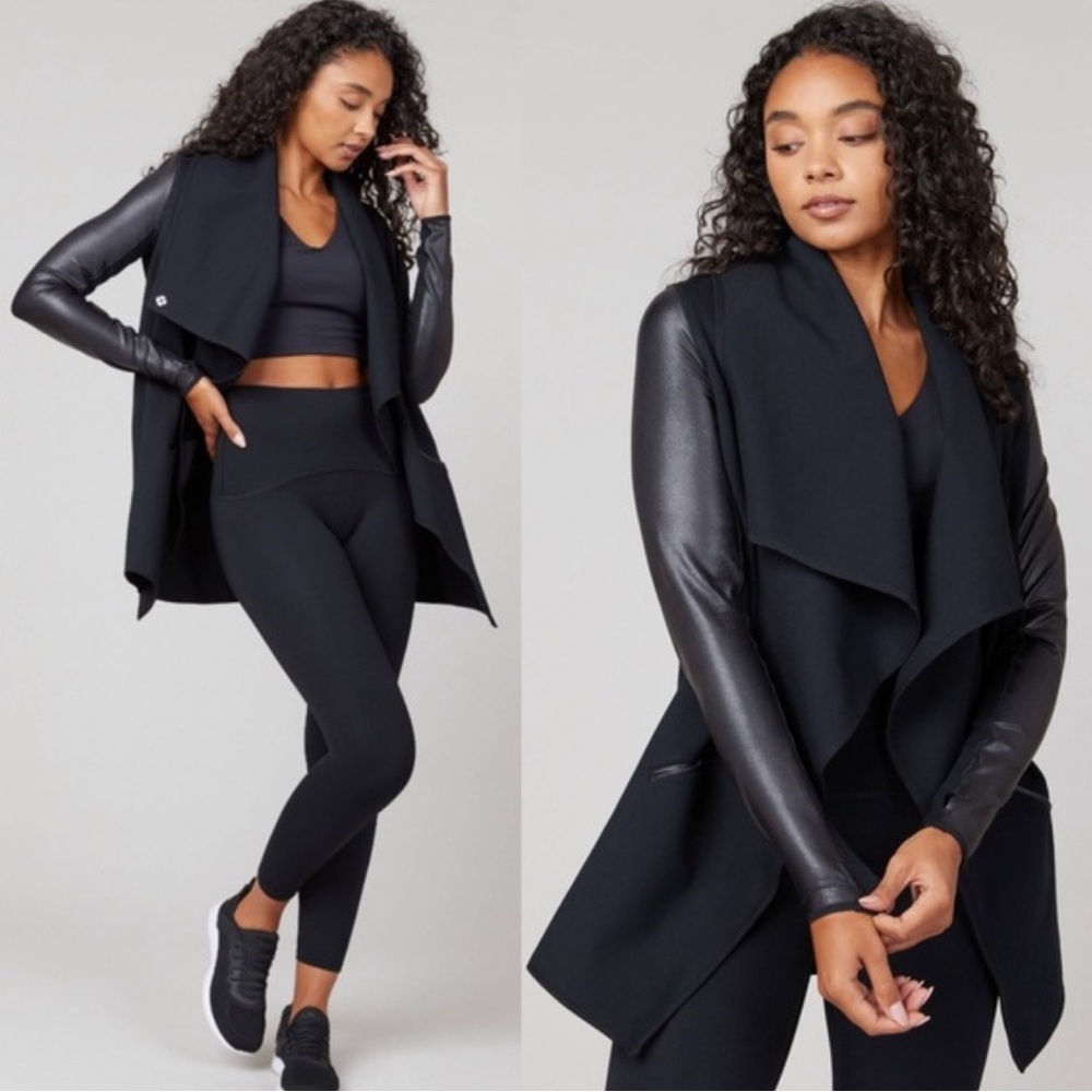 Spanx Drape Front Faux Leather Convertible Jacket Size Large